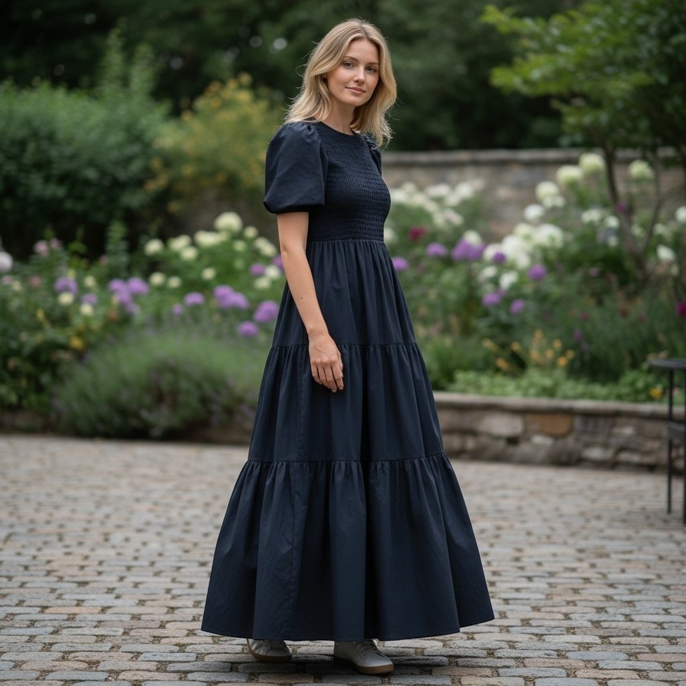 Quince Maternity Dress Organic Cotton Poplin Navy Blue Tiered Maxi Smocked M